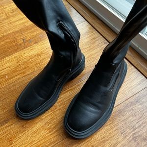 Zara Bloggers Favorite Black Stretchy Pull On Thigh High Low Heel Boots Size 7.5